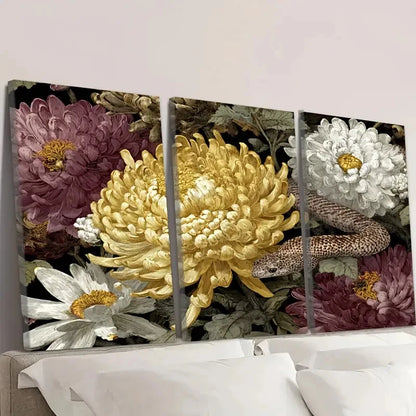 3pcs Vibrant Python & Chrysanthemum Flowers Wall Art Set Canvas Framed 50x70cm - High Quality Print 100% Australian Made Wall Canvas Ready to Hang