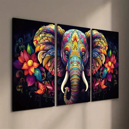 3pcs Colorful Elephant & Floral Wall Art Set Canvas Unframed - High Quality Print 100% Australian Made Wall Canvas