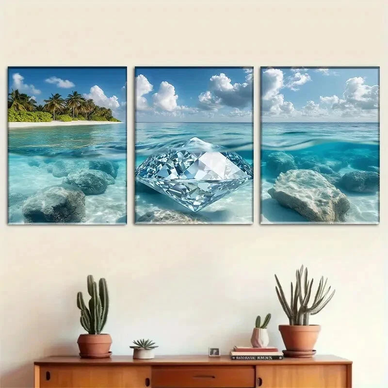 3pcs Underwater Diamond with Tropical Perfect Wall Art Set Canvas Framed 40x60cm - High Quality Print 100% Australian Made Wall Canvas Ready to Hang