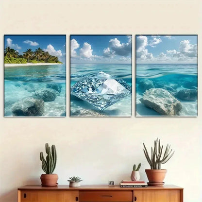 3pcs Underwater Diamond with Tropical Perfect Wall Art Set Canvas Framed 40x60cm - High Quality Print 100% Australian Made Wall Canvas Ready to Hang