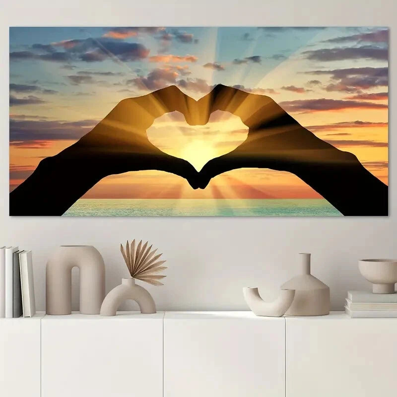 Sunset Love Hands Heart Wall Art wall canvas office home room framed 120x60cm