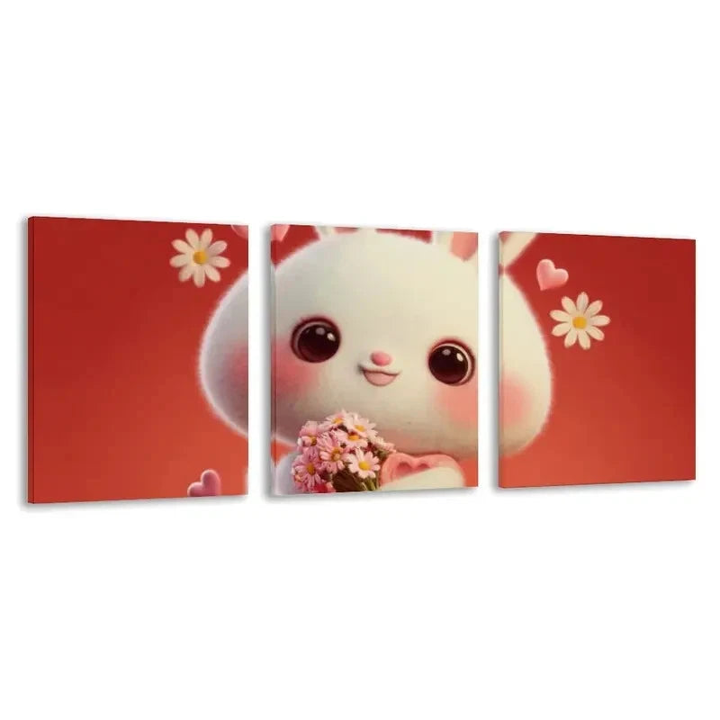 3pcs Cute Cartoon Bunny Holding Flowers Wall Art Set Canvas Framed 40x60cm - High Quality Print 100% Australian Made Wall Canvas Ready to Hang