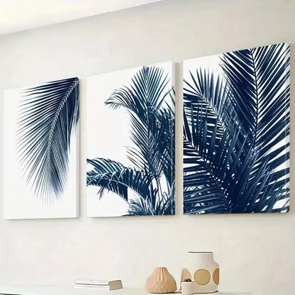 3pcs Classic Retro Minimalist Blue Palm Leaves wall Art Set Canvas Framed 50x70cm -  High Quality Print 100% Australian Made Wall Canvas Ready to Hang