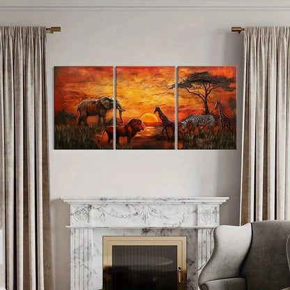 3pcs African Wildlife Sunset Scene with Elephant Metal Print Ready to Hang Art
