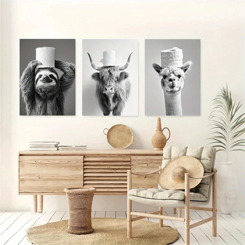 3pcs Highland Cow And Alpaca Humorous Metal Print Ready to Hang Art