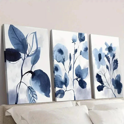 3pcs Botanical Navy Blue Flowers & Leaves Wall Art Set Canvas Framed 40x60cm - High Quality Print 100% Australian Made Wall Canvas Ready to Hang
