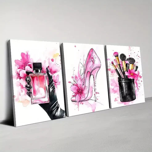 3pcs Chic Ladies Fashion with Pink Cosmetics Wall Art Set Canvas Framed 60x90cm - High Quality Print 100% Australian Made Wall Can