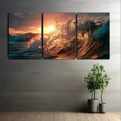 3pcs Sunset Ocean Waves Vibrant Golden Hues Metal Print Ready to Hang Art