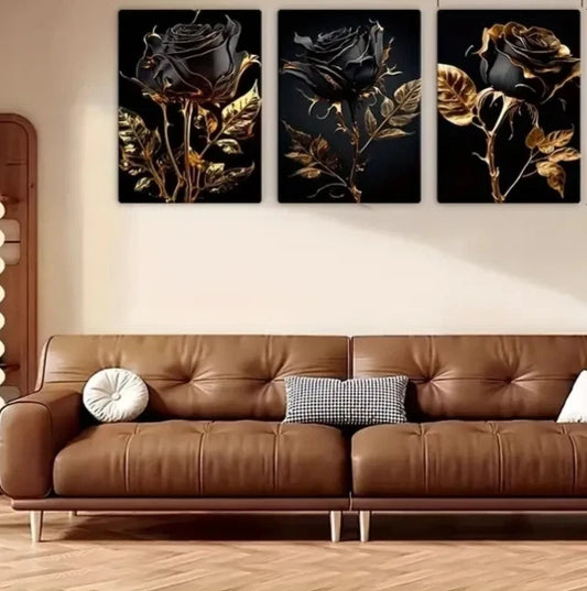 3pcs Abstract Black and Golden Rose Metal Print Ready to Hang Art