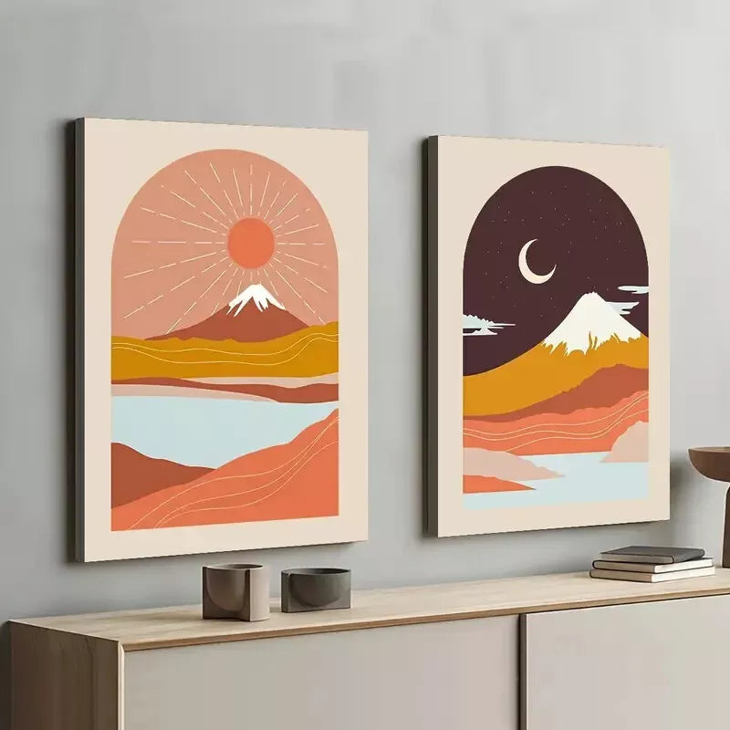 2pcs Modern Abstract Landscape Sunrise and Night Sky Framed 50x75cm - High Quality Print 100% Australian Made Wall Canvas Ready to Hang