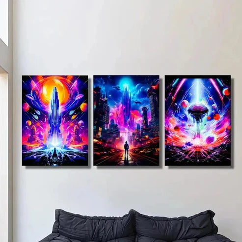 3pcs Neon Sci-Fi Universe Planet & Future Wall Art Canvas Unframed – High Quality Print 100% Australian Made Wall Canvas