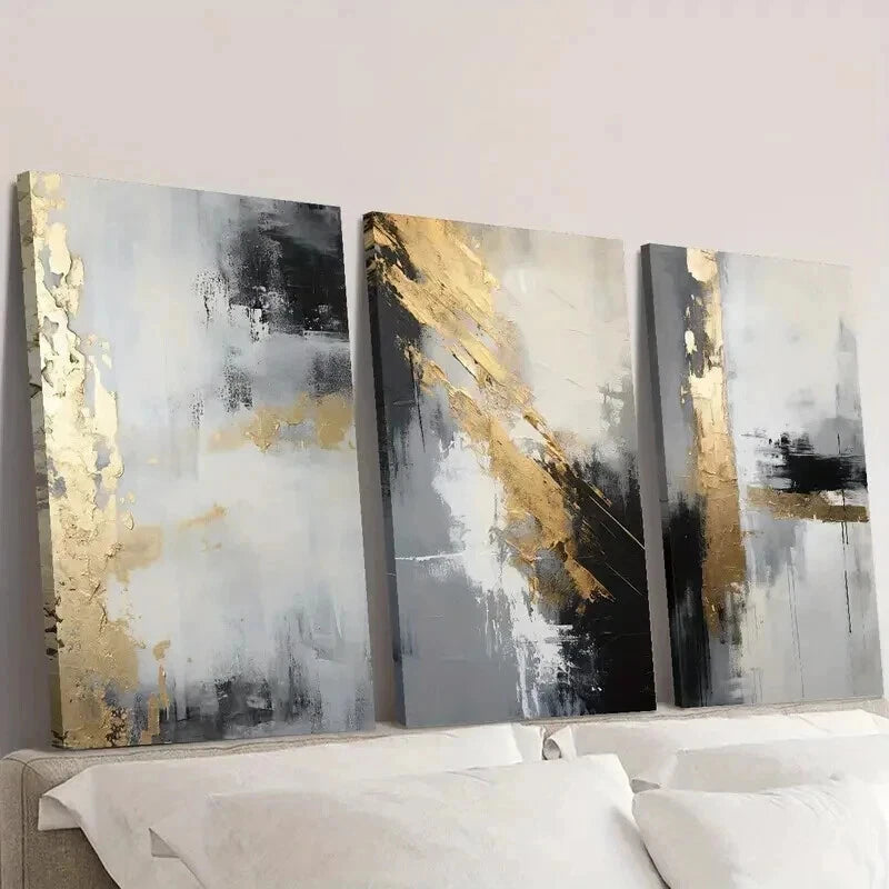 3pcs Golden Black Textured Abstract Wall Art Set Canvas Framed 60x90cm - High Quality Print 100% Australian Made Wall Canvas Ready to Hang