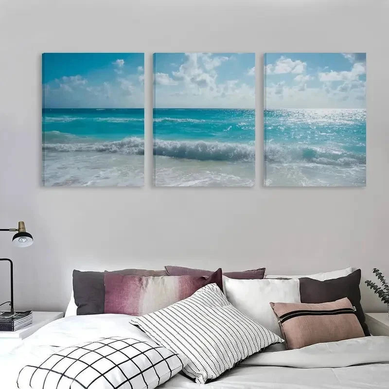 3pcs Bondi Beach Australia White Sand & Sun  Wall Art Set Canvas Framed 60x90cm - High Quality Print 100% Australian Made Wall Canvas Ready to Hang