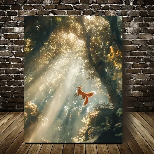 Beautiful Fox Swinging in Magical Forest with Sunbeams 40x60cm Metal Print Ready to Hang