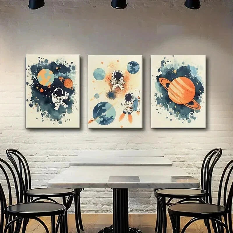 3pcs Playful Astronauts in Space Color Perfect Wall Art Set Canvas Framed 50x70cm - High Quality Print 100% Australian Made Wall Canvas Ready to Hang