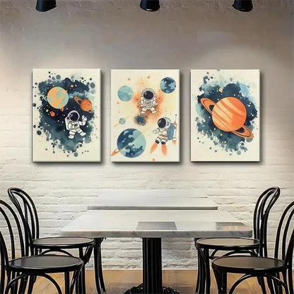 3pcs Playful Astronauts in Space Color Perfect Wall Art Set Canvas Framed 50x70cm - High Quality Print 100% Australian Made Wall Canvas Ready to Hang