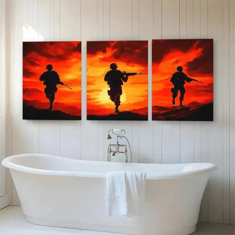 3pcs Heroic Battlefield Sunset Soldier Perfect Wall Art Set Canvas Framed 40x60cm - High Quality Print 100% Australian Made Wall Canvas Ready to Hang