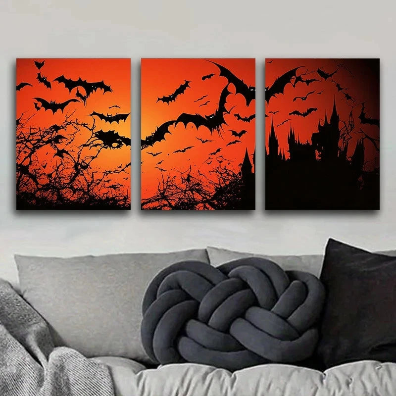 3pcs Featuring Bats in Flight Around a Castle Metal Print Ready to Hang Art
