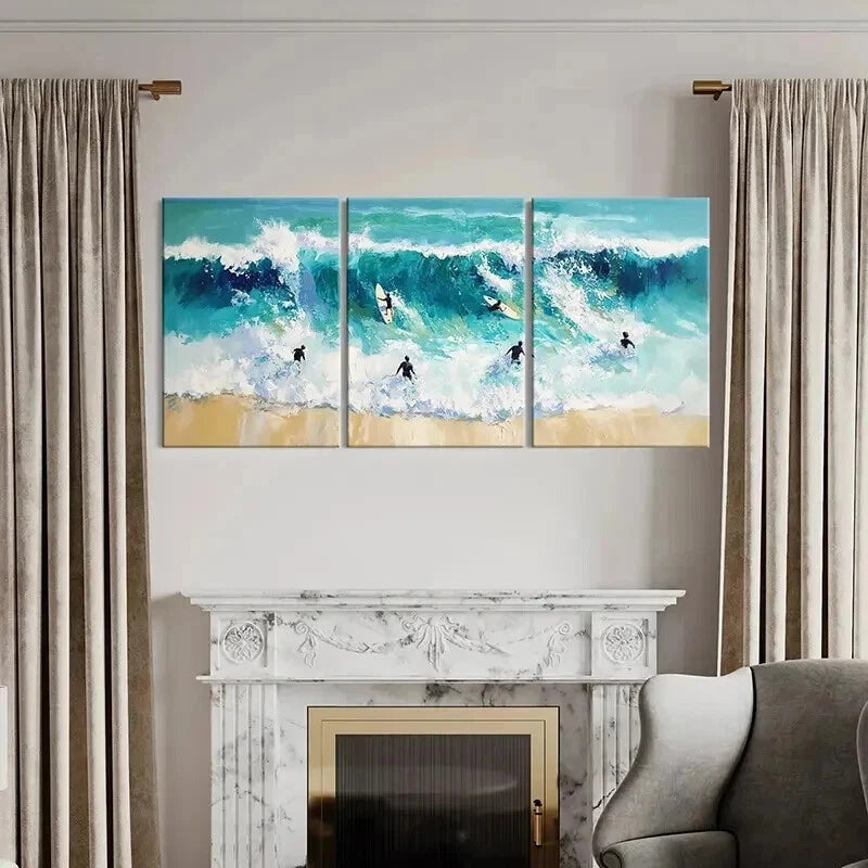 3pcs Vibrant Sea Landscape with Surfers Wall Art Set Canvas Framed 40x60cm - High Quality Print 100% Australian Made Wall Canvas Ready to Hang