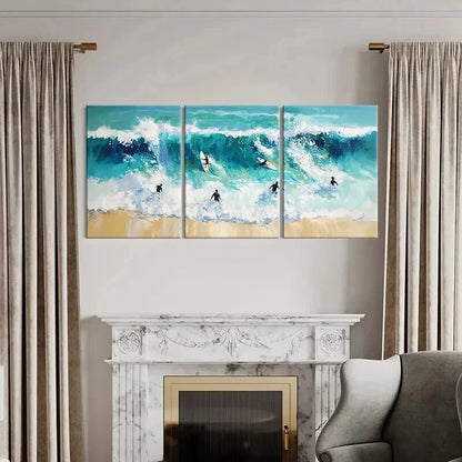 3pcs Vibrant Sea Landscape with Surfers Wall Art Set Canvas Framed 40x60cm - High Quality Print 100% Australian Made Wall Canvas Ready to Hang