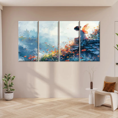 4pcs Whimsical Fairy In Garden Wall Art Canvas Framed 45x80cm - High Quality Print 100% Australian Made Wall Canvas Ready to Hang