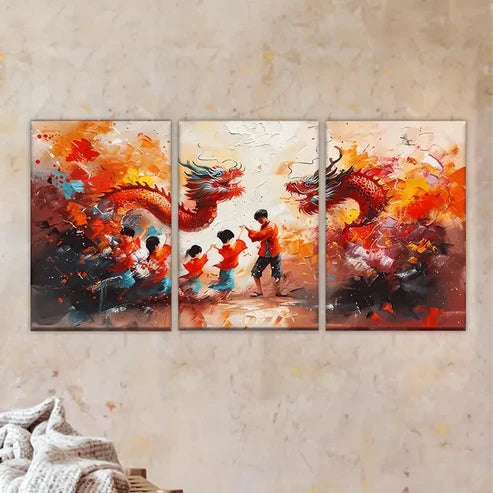 3pcs Spring Festival Dragon Dance Wall Art Set Canvas Unframed - High Quality Print 100% Australian Made Wall Canvas - Bella Home Decor