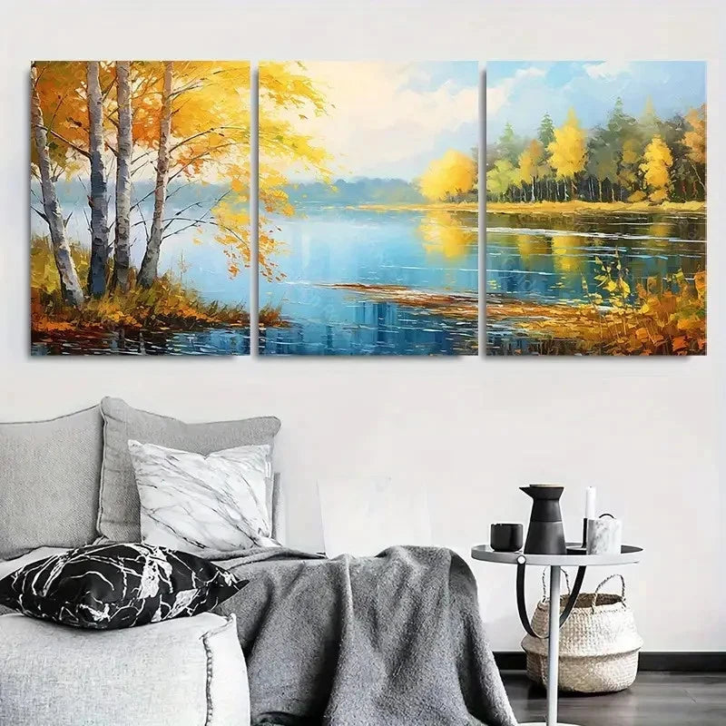 3pcs Autumn Reflections Golden Birch Trees Wall Art Set Canvas Framed 40x60cm - High Quality Print 100% Australian Made Wall Canvas Ready to Hang