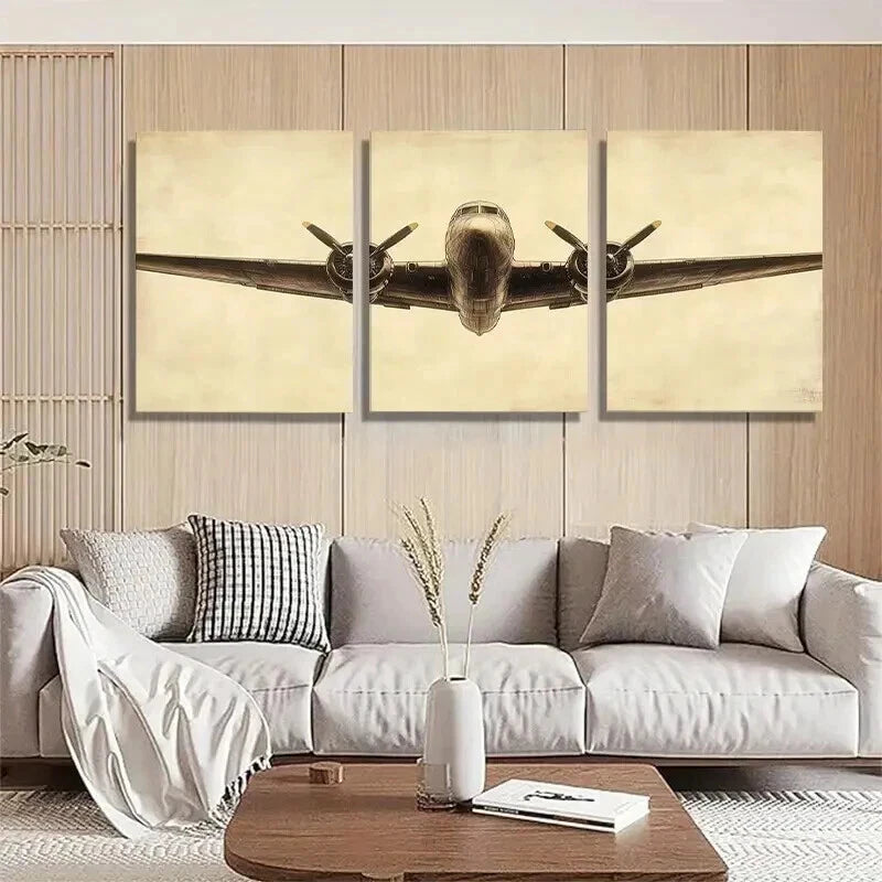 3pcs Vintage Airplane Retro Aviation Perfect Wall Art Set Canvas Framed 40x60cm - High Quality Print 100% Australian Made Wall Canvas Ready to Hang