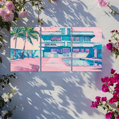 3pcs Vibrant Art Deco Motel & Poolside Scene Metal Print Ready to Hang Art