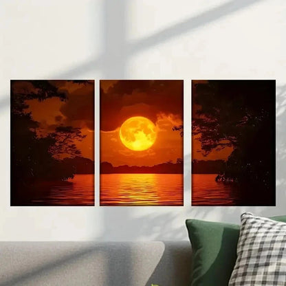 3pcs Abstract Moon Above a Lake Wall Art Set Canvas Framed 40x60cm - High Quality Print 100% Australian Made Wall Canvas Ready to Hang