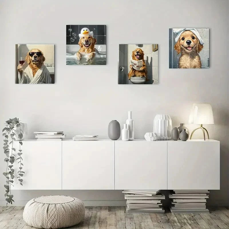 4pcs Funny Golden Retriever Dog Bathroom Wall Art Canvas Framed