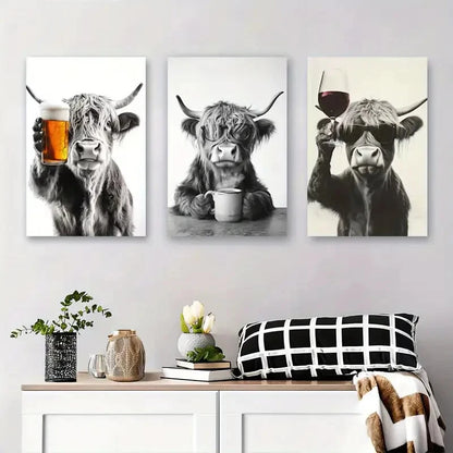 3pcs Highland Cow Whimsical Illustration Perfect Wall Art Set Canvas Framed 40x60cm - High Quality Print 100% Australian Made Wall Canvas Ready to Hang