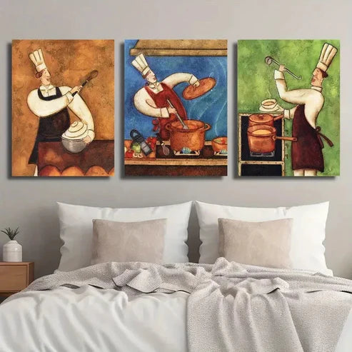 3pcs Vintage Chef Kitchen Wall Art Canvas Unframed - High Quality Print 100% Australian Made Wall Canvas