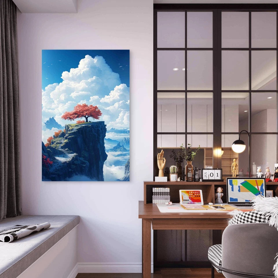 Majestic Red Tree Cliff With Clouds 60x90cm Metal Print Ready to Hang