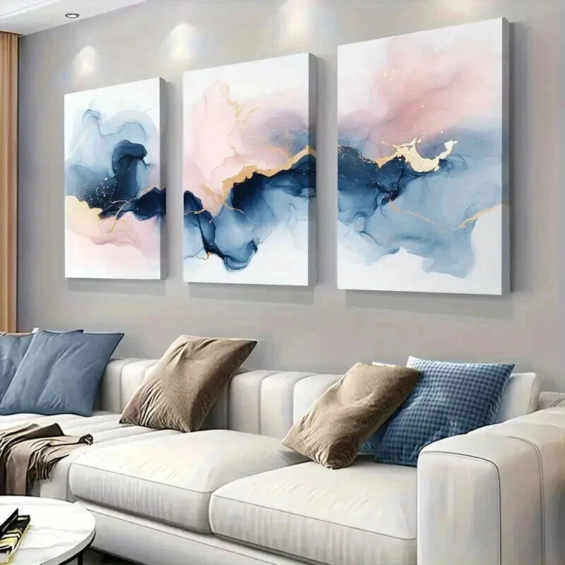 3pcs Abstract Ink Paintings In Shades Of Blue Wall Art Set Canvas Framed 40x60cm - High Quality Print 100% Australian Made Wall Canvas Ready to Hang