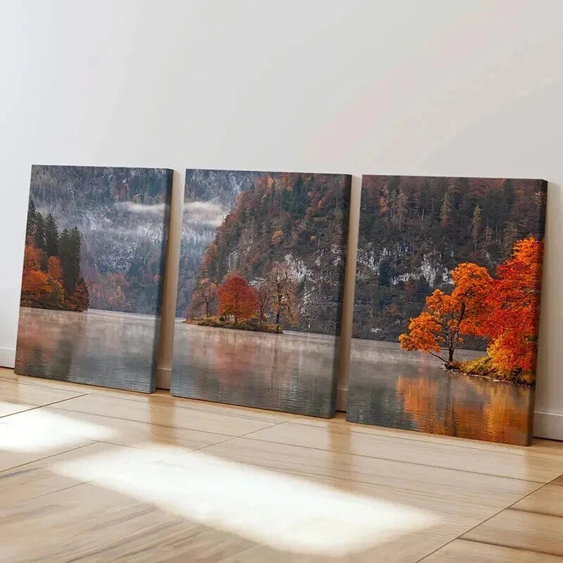 3pcs Autumn Forest Lake & Trees Nature  Wall Art Set Canvas Framed 40x60cm - High Quality Print 100% Australian Made Wall Canvas Ready to Hang