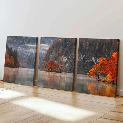 3pcs Autumn Forest Lake & Trees Nature  Wall Art Set Canvas Framed 40x60cm - High Quality Print 100% Australian Made Wall Canvas Ready to Hang