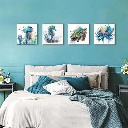 4pcs Ocean Bathroom  Wall Art Canvas Framed