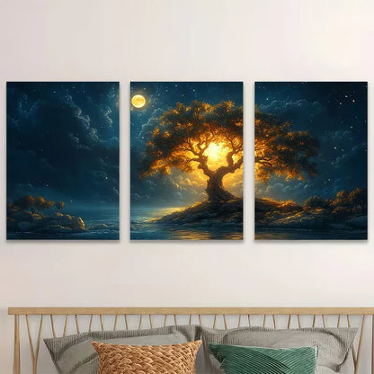 3pcs Moonlit Nature Mystical Tree Metal Print Ready to Hang Art