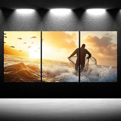 3pcs Fishermen Casting Nets Sunrise Metal Print Ready to Hang Art