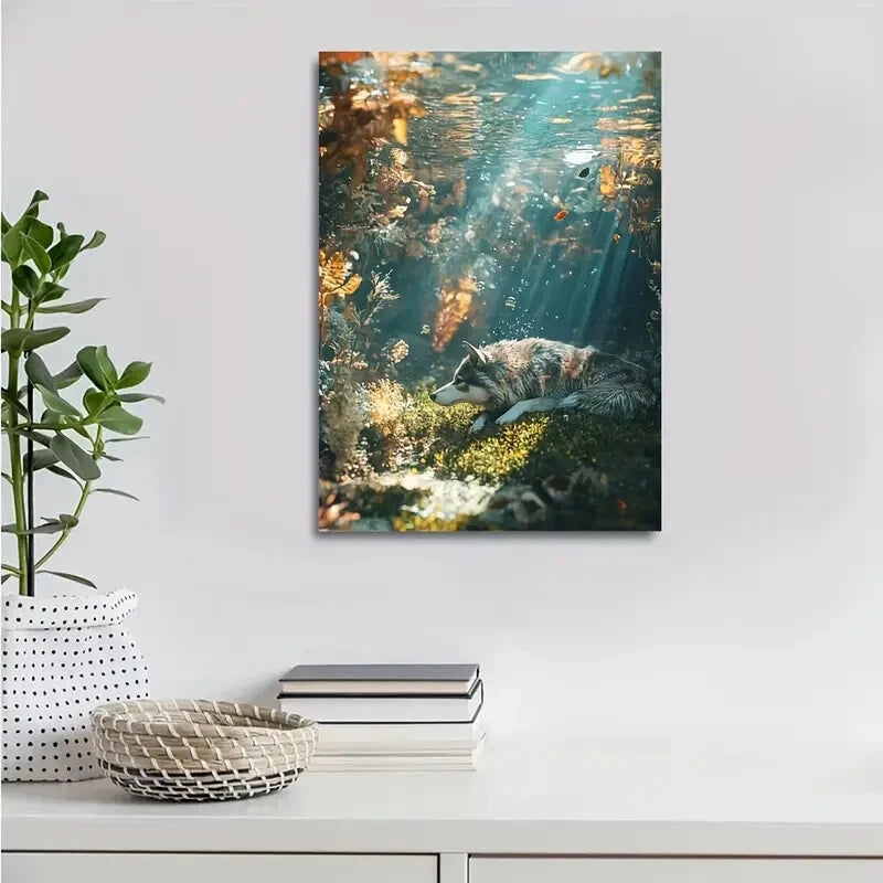 Wolf Underwater Scene with Sunbeams Painting 40x60cm Metal Print Ready to Hang
