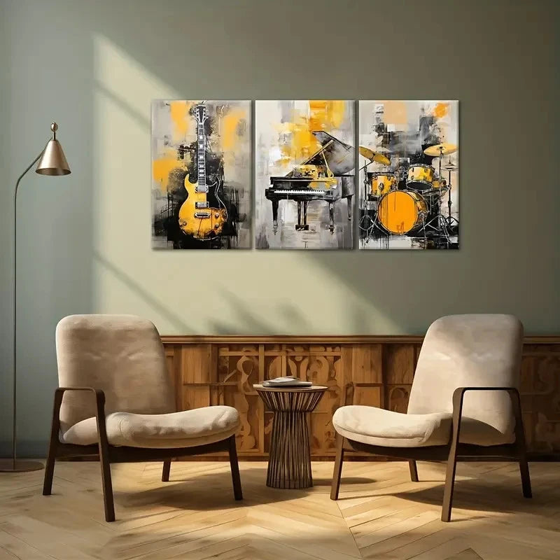 3pcs Black and Golden Guitar Piano Drum Metal Print Ready to Hang Art