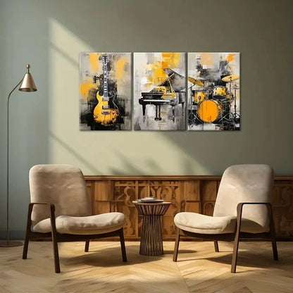 3pcs Black and Golden Guitar Piano Drum Metal Print Ready to Hang Art