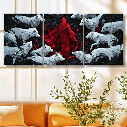 3pcs Striking White Wolves Surrounding Red Figure Metal Print Ready to Hang Art