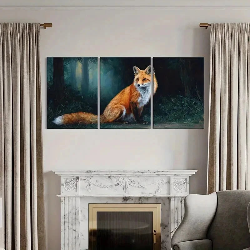 3pcs Fox Forest Scene Rustic Wildlife Art Metal Print Ready to Hang Art