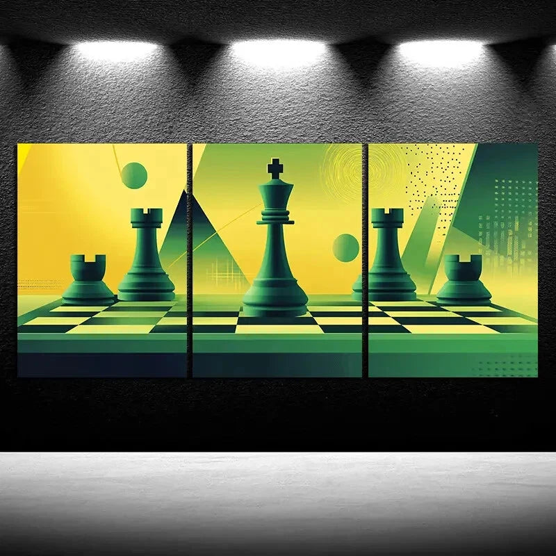 3pcs Green Chess Themed Game Yellow Metal Print Ready to Hang Art