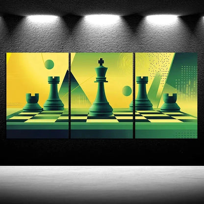 3pcs Green Chess Themed Game Yellow Metal Print Ready to Hang Art