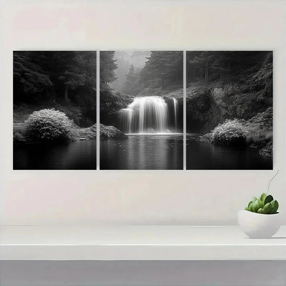 3pcs Black and White Waterfall Serene Forest Wall Art Set Canvas Framed 40x60cm - High Quality Print 100% Australian Made Wall Canvas Ready to Hang