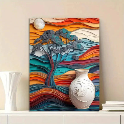 Paper Art of a Tree, Vase And Landscape in Three Color  40x60cm Metal Print Ready to Hang