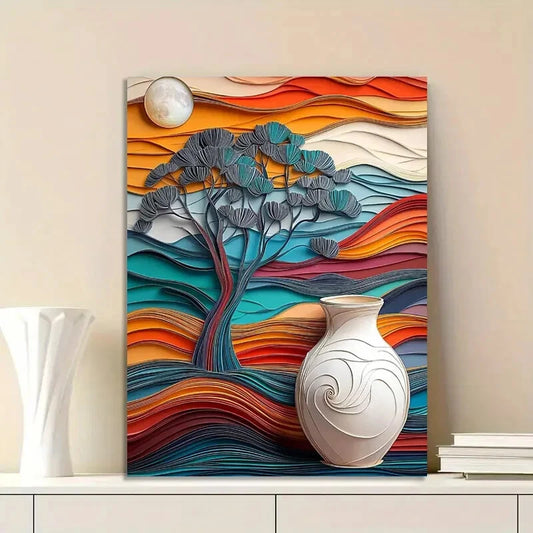 Paper Art of a Tree, Vase And Landscape in Three Color  40x60cm Metal Print Ready to Hang